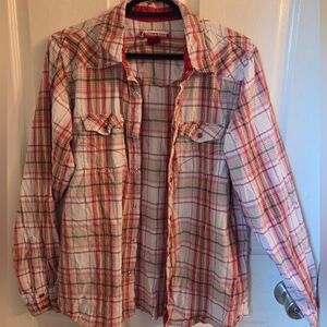 Raw Edge Plaid Snap Button-Up Shirt